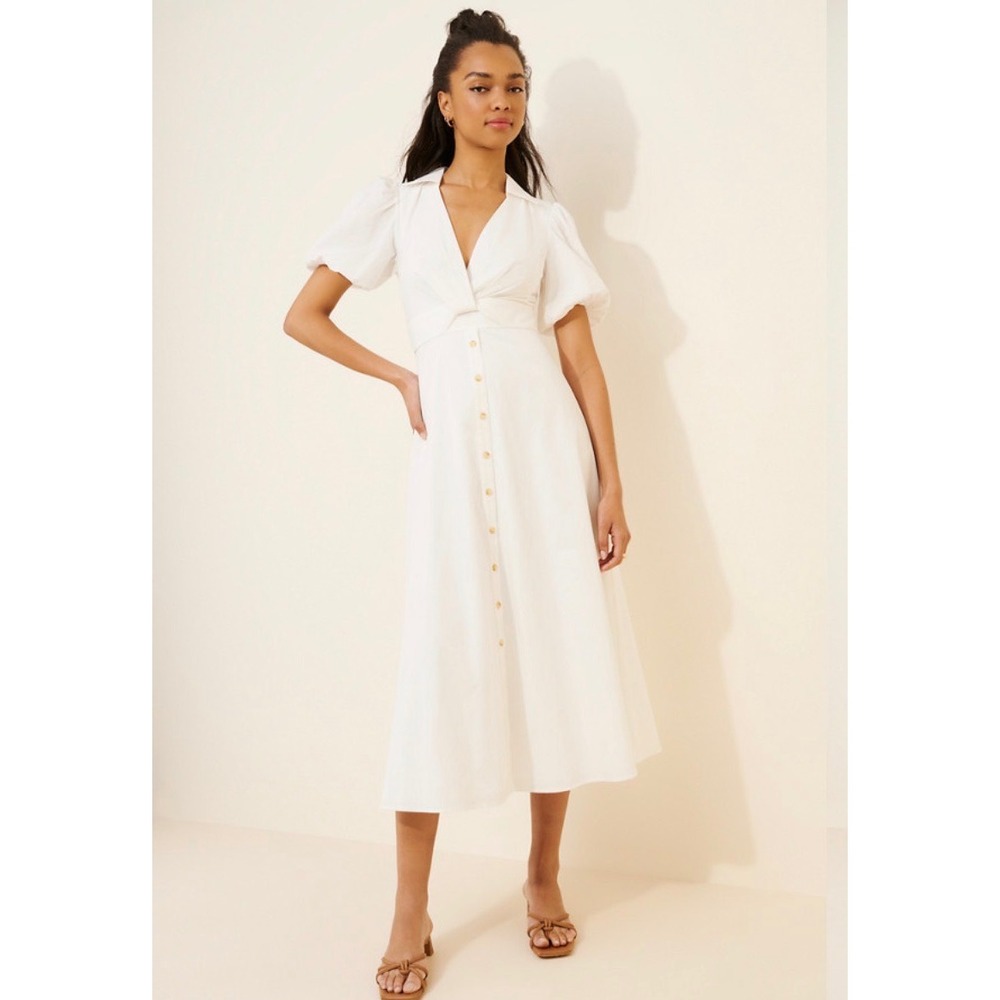 Hutch Laurel White Cotton Puff Sleeve Button Front Midi Dress Size 8